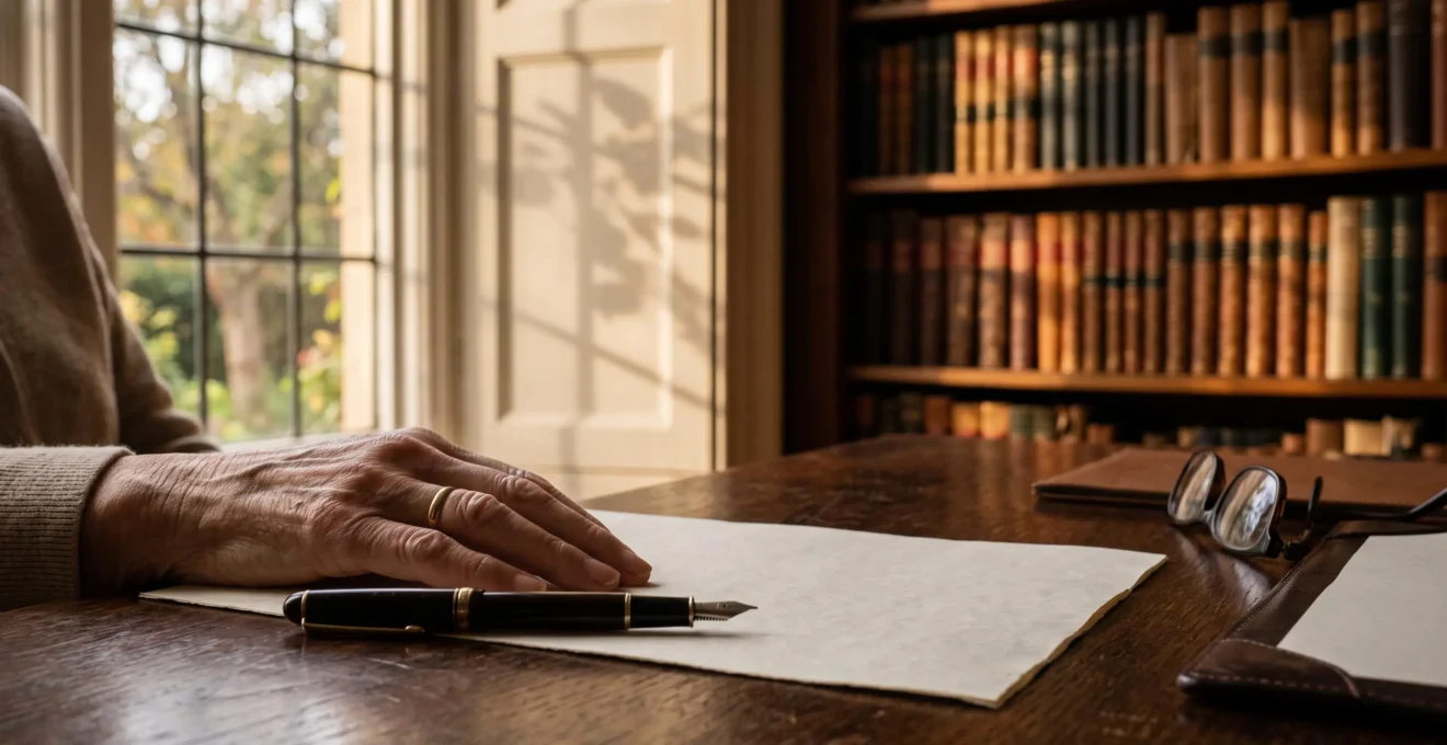 Une main de senior posée près d'un stylo plume sur un bureau en bois, symbolisant la capacité juridique à rédiger un testament valable