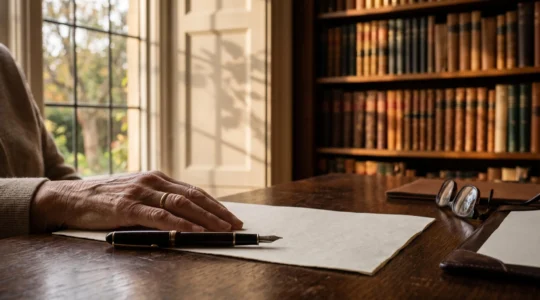 Une main de senior posée près d'un stylo plume sur un bureau en bois, symbolisant la capacité juridique à rédiger un testament valable