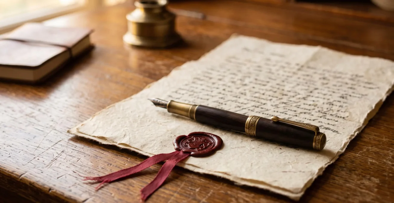Plume ancienne, sceau de cire et ruban posés sur un vieux document manuscrit illisible, symbolisant la rédaction solennelle d'un testament olographe