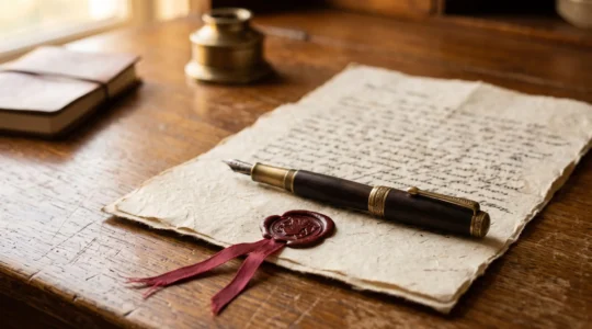 Plume ancienne, sceau de cire et ruban posés sur un vieux document manuscrit illisible, symbolisant la rédaction solennelle d'un testament olographe