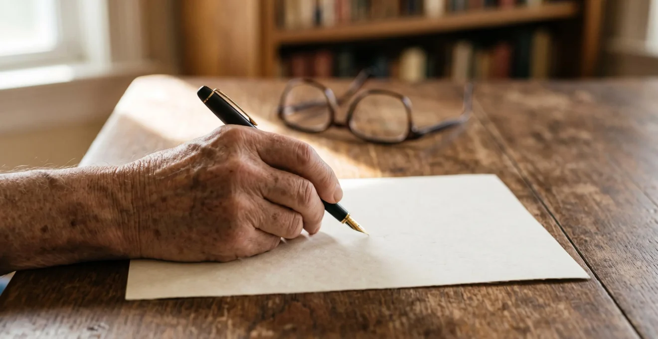 Main âgée écrivant un document manuscrit à la lumière naturelle, symbolisant la validité juridique d'un testament olographe
