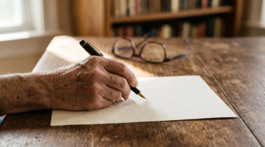 Main âgée écrivant un document manuscrit à la lumière naturelle, symbolisant la validité juridique d'un testament olographe