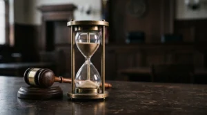 Symbolique de la justice d'urgence : une horloge et une balance dans une lumière dramatique évoquant la rapidité d'une décision de justice
