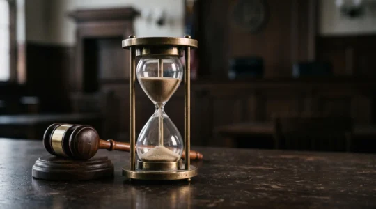 Symbolique de la justice d'urgence : une horloge et une balance dans une lumière dramatique évoquant la rapidité d'une décision de justice